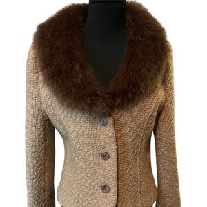 Elegant Brown Fur Collar Women's Blazer